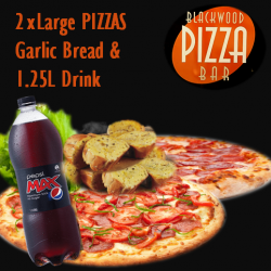 2 Large Pizzas, Garlic Bread & Drink - only $32.50